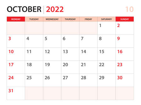 Calendar planner 2022 - October 2022 template, week start on Monday, Desk calendar 2022 year, simple and clean design, Wall calendar design, Corporate design planner template, red backgroundのイラスト素材