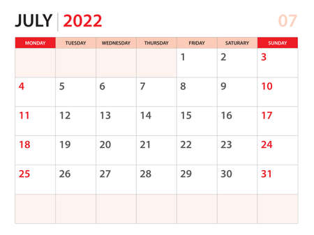 Calendar planner 2022 - July 2022 template, week start on Monday, Desk calendar 2022 year, simple and clean design, Wall calendar design, Corporate design planner template, red backgroundのイラスト素材
