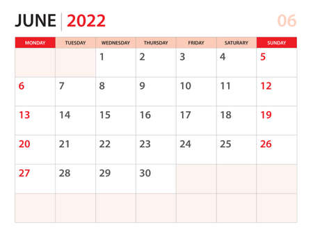 Calendar planner 2022 - June 2022 template, week start on Monday, Desk calendar 2022 year, simple and clean design, Wall calendar design, Corporate design planner template, red backgroundのイラスト素材