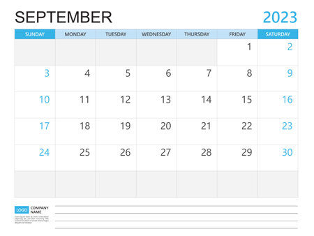 Calendar planner 2023 template-September 2023 year, week start on Sunday, Desk calendar 2023 design, simple and clean design, Wall calendar, Corporate design planner template vectorのイラスト素材