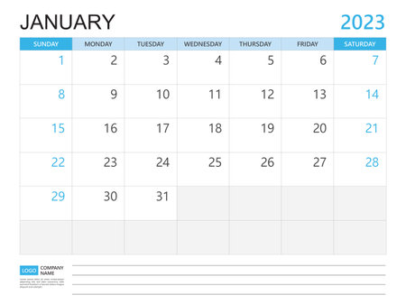 Calendar planner 2023 template-January 2023 year, week start on Sunday, Desk calendar 2023 design, simple and clean design, Wall calendar, Corporate design planner template vectorのイラスト素材
