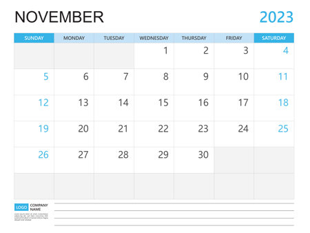 Calendar planner 2023 template-November 2023 year, week start on Sunday, Desk calendar 2023 design, simple and clean design, Wall calendar, Corporate design planner template vectorのイラスト素材