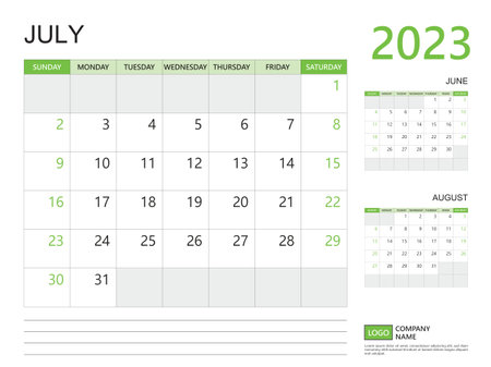 July 2023 year, Calendar planner 2023 template, week start on Sunday, Desk calendar 2023 design, simple and clean design green background, Wall calendar, Corporate design planner template vectorのイラスト素材