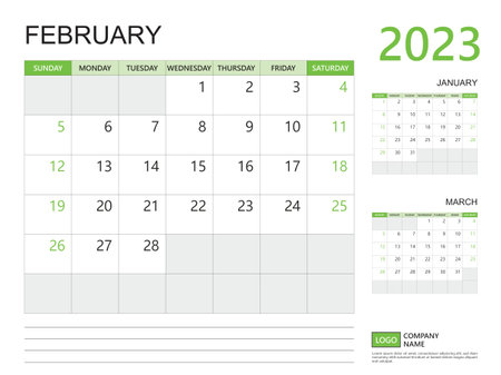 February 2023 year, Calendar planner 2023 template, week start on Sunday, Desk calendar 2023 design, simple and clean design green background, Wall calendar, Corporate design planner template vectorのイラスト素材