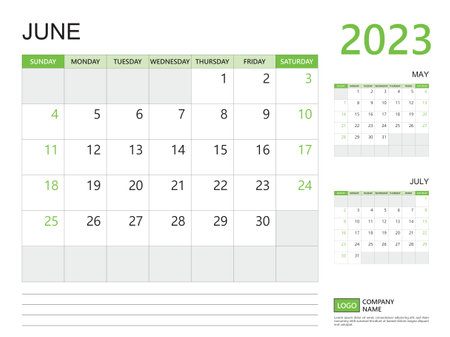 June 2023 year, Calendar planner 2023 template, week start on Sunday, Desk calendar 2023 design, simple and clean design green background, Wall calendar, Corporate design planner template vectorのイラスト素材