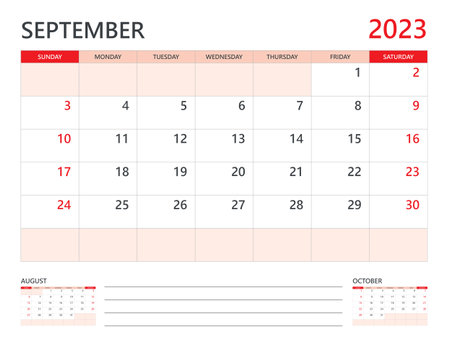 Calendar 2023 template vector on red background, September 2023 template, Planner, week start on Sunday,  Desk calendar 2023 design, minimal wall calendar, Corporate planner template vectorのイラスト素材