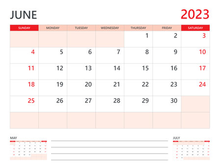 Calendar 2023 template vector on red background, June 2023 template, Planner, week start on Sunday,  Desk calendar 2023 design, minimal wall calendar, Corporate planner template vectorの写真素材