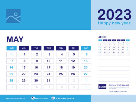 May 2023 year, Calendar planner 2023 and Set of 12 Months, week start on Sunday. Desk calendar 2023 design, simple, Wall calendar, Corporate design planner template vector, blue backgroundのイラスト素材