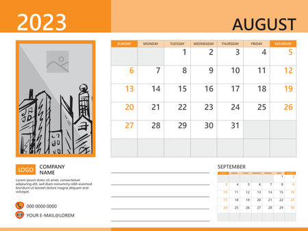 Calendar planner 2023 and Set of 12 Months, August 2023 template, week start on Sunday, Desk calendar 2023 design, simple and clean design, Wall calendar, Corporate design planner, orange backgroundのイラスト素材