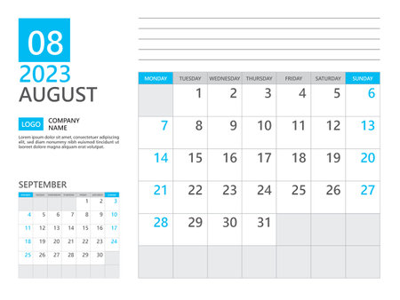 August 2023 template, Calendar planner 2023, week start on Monday, Desk calendar 2023 year, simple planner and clean design, Wall calendar design, Corporate planner template, Business templateのイラスト素材