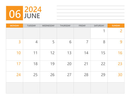 June 2024 template, Calendar planner 2024, week start on Monday, Desk calendar 2024 year, simple planner and clean design, Wall calendar design, Corporate planner template, print media vectorのイラスト素材