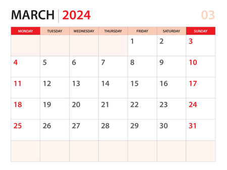 Calendar planner 2024 - March 2024 template, week start on Monday, Desk calendar 2024 year, simple and clean design, Wall calendar design, Corporate design planner template, red backgroundのイラスト素材