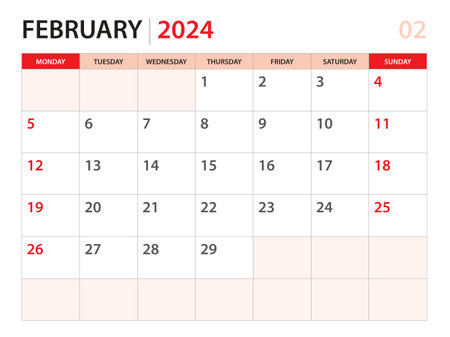 Calendar planner 2024 - February 2024 template, week start on Monday, Desk calendar 2024 year, simple and clean design, Wall calendar design, Corporate design planner template, red backgroundのイラスト素材