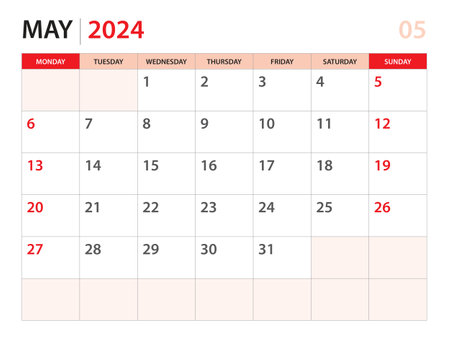 Calendar planner 2024 - May 2024 template, week start on Monday, Desk calendar 2024 year, simple and clean design, Wall calendar design, Corporate design planner template, red backgroundのイラスト素材