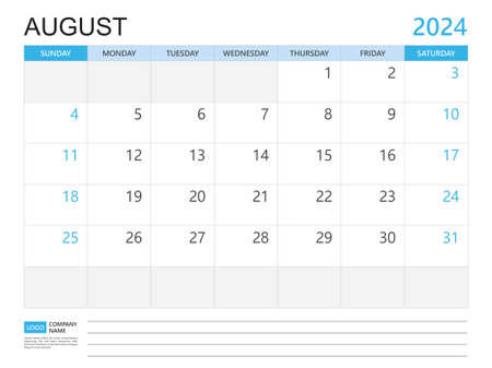 Calendar planner 2024 template- August 2024 year, week start on Sunday, Desk calendar 2024 design, simple and clean design, Wall calendar, Corporate design planner template vectorのイラスト素材
