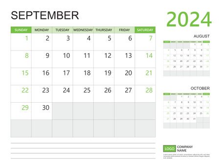 September 2024 year, Calendar planner 2024 template, week start on Sunday, Desk calendar 2024 design, simple and clean design green background, Wall calendar, Corporate design planner template vectorのイラスト素材