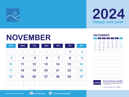 November 2024 year, Calendar planner 2024 and Set of 12 Months, week start on Sunday. Desk calendar 2024 design, simple, Wall calendar, Corporate design planner template vector, blue backgroundのイラスト素材