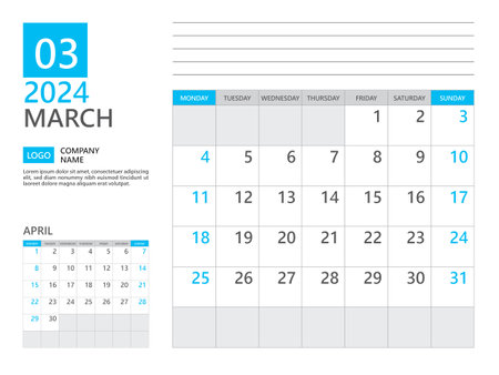 March 2024 template, Calendar planner 2024, week start on Monday, Desk calendar 2024 year, simple planner and clean design, Wall calendar design, Corporate planner template, Business templateのイラスト素材