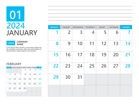 January 2024 template, Calendar planner 2024, week start on Monday, Desk calendar 2024 year, simple planner and clean design, Wall calendar design, Corporate planner template, Business templateのイラスト素材