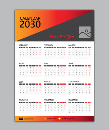 Wall Calendar 2030 template, Week Starts on monday, Set of 12 Months for calendar 2030 year, Desk calendar 2030 template, poster, Printing design, vector illustration.のイラスト素材