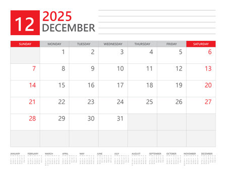 December 2025 year, Calendar planner 2025 and Set of 12 Months,  week start on Sunday. Desk calendar 2025 design, simple and clean design, Wall calendar, Corporate design planner template vectorのイラスト素材