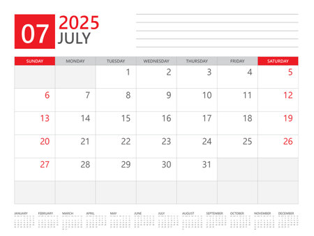 July 2025 year, Calendar planner 2025 and Set of 12 Months,  week start on Sunday. Desk calendar 2025 design, simple and clean design, Wall calendar, Corporate design planner template vectorのイラスト素材