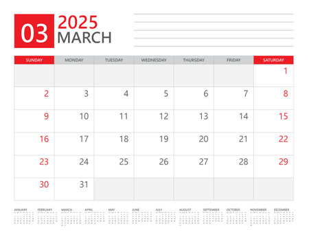 March 2025 year, Calendar planner 2025 and Set of 12 Months,  week start on Sunday. Desk calendar 2025 design, simple and clean design, Wall calendar, Corporate design planner template vectorのイラスト素材