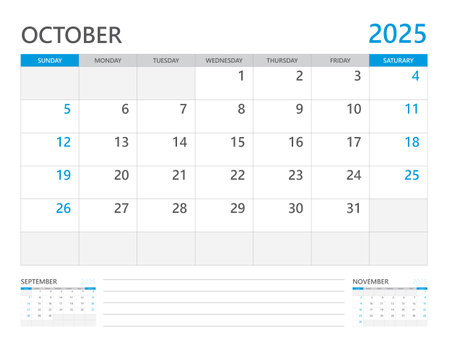 October 2025 year, Calendar planner 2025 and Set of 12 Months, week start on Sunday. Desk calendar 2025 design, simple and clean design, Wall calendar, Corporate design planner template vectorのイラスト素材