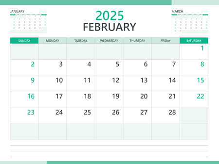 Calendar 2025 template vector on green background, February 2025 template, Planner, week start on Sunday,  Desk calendar 2025 design, minimal wall calendar, Corporate planner template vectorのイラスト素材