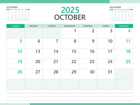 Calendar 2025 template vector on green background, October 2025 template, Planner, week start on Sunday,  Desk calendar 2025 design, minimal wall calendar, Corporate planner template vectorのイラスト素材