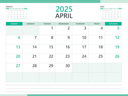Calendar 2025 template vector on green background, April 2025 template, Planner, week start on Sunday,  Desk calendar 2025 design, minimal wall calendar, Corporate planner template vectorのイラスト素材