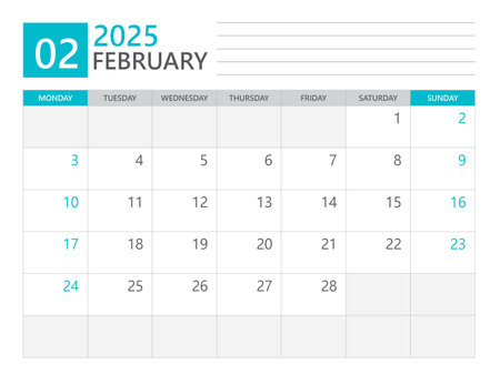 February 2025 template, Calendar planner 2025, week start on Monday, Desk calendar 2025 year, simple planner and clean design, Wall calendar design, Corporate planner template, print media vectorのイラスト素材