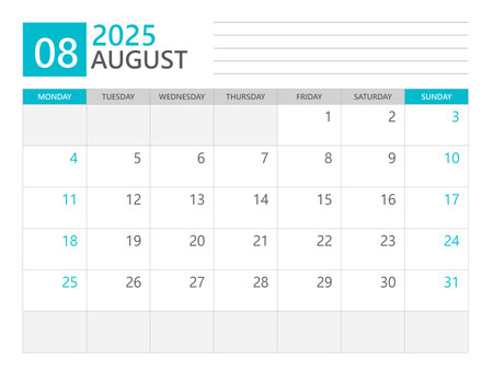 August 2025 template, Calendar planner 2025, week start on Monday, Desk calendar 2025 year, simple planner and clean design, Wall calendar design, Corporate planner template, print media vectorのイラスト素材