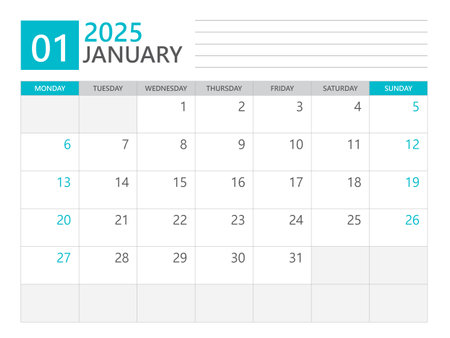January 2025 template, Calendar planner 2025, week start on Monday, Desk calendar 2025 year, simple planner and clean design, Wall calendar design, Corporate planner template, print media vectorのイラスト素材