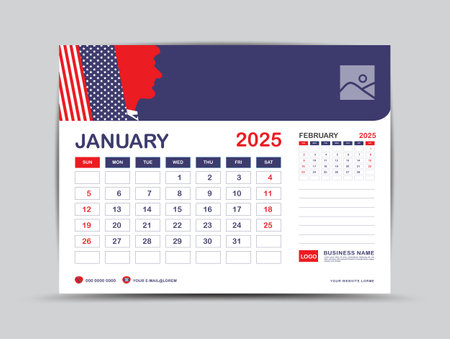 Calendar 2025 design ,January 2025 template, desk calendar 2025 year, Usa flag background concept, wall calendar design, advertisement, printing, Business template vector eps10のイラスト素材