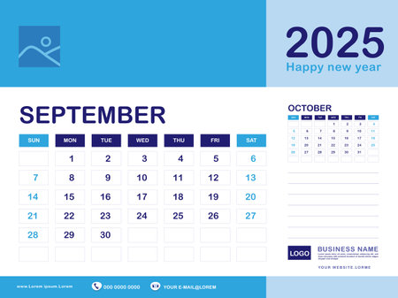 September 2025 year, Calendar planner 2025 and Set of 12 Months, week start on Sunday. Desk calendar 2025 design, simple, Wall calendar, Corporate design planner template vector, blue backgroundのイラスト素材