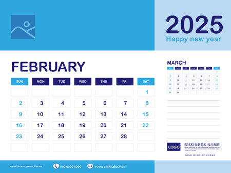 February 2025 year, Calendar planner 2025 and Set of 12 Months, week start on Sunday. Desk calendar 2025 design, simple, Wall calendar, Corporate design planner template vector, blue backgroundのイラスト素材