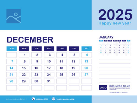 December 2025 year, Calendar planner 2025 and Set of 12 Months, week start on Sunday. Desk calendar 2025 design, simple, Wall calendar, Corporate design planner template vector, blue backgroundのイラスト素材