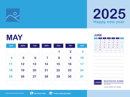 May 2025 year, Calendar planner 2025 and Set of 12 Months, week start on Sunday. Desk calendar 2025 design, simple, Wall calendar, Corporate design planner template vector, blue backgroundのイラスト素材