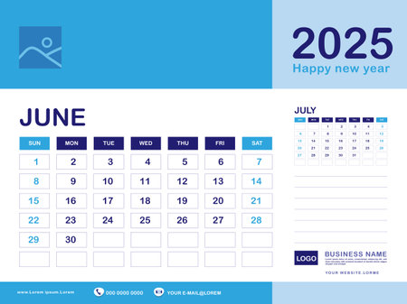 June 2025 year, Calendar planner 2025 and Set of 12 Months, week start on Sunday. Desk calendar 2025 design, simple, Wall calendar, Corporate design planner template vector, blue backgroundのイラスト素材