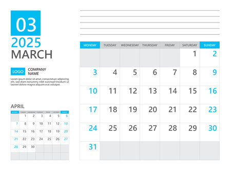 March 2025 template, Calendar planner 2025, week start on Monday, Desk calendar 2025 year, simple planner and clean design, Wall calendar design, Corporate planner template, Business templateのイラスト素材