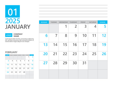 January 2025 template, Calendar planner 2025, week start on Monday, Desk calendar 2025 year, simple planner and clean design, Wall calendar design, Corporate planner template, Business templateのイラスト素材
