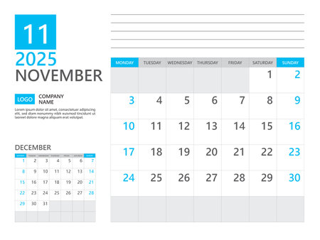 November 2025 template, Calendar planner 2025, week start on Monday, Desk calendar 2025 year, simple planner and clean design, Wall calendar design, Corporate planner template, Business templateのイラスト素材