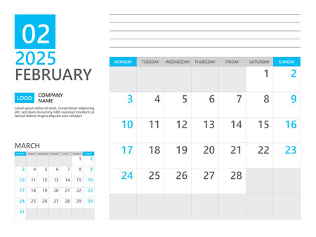 February 2025 template, Calendar planner 2025, week start on Monday, Desk calendar 2025 year, simple planner and clean design, Wall calendar design, Corporate planner template, Business templateのイラスト素材