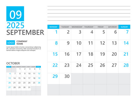 September 2025 template, Calendar planner 2025, week start on Monday, Desk calendar 2025 year, simple planner and clean design, Wall calendar design, Corporate planner template, Business templateのイラスト素材