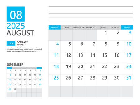 August 2025 template, Calendar planner 2025, week start on Monday, Desk calendar 2025 year, simple planner and clean design, Wall calendar design, Corporate planner template, Business templateのイラスト素材