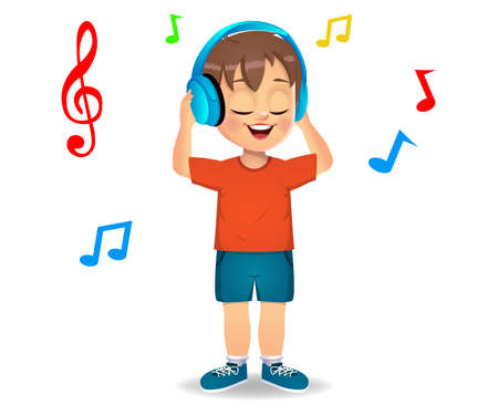 cute boy kid listening to musicのイラスト素材