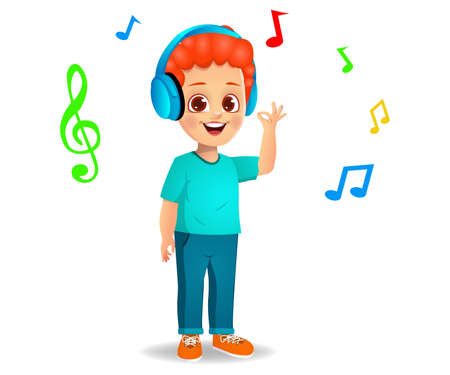 cute boy kid listening to musicのイラスト素材