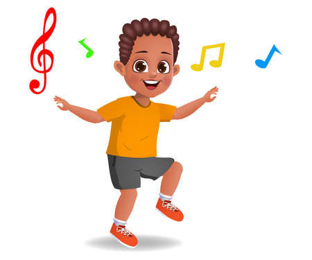 cute boy kid dancing to music vectorのイラスト素材
