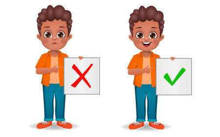 cute boy showing correct and wrong signのイラスト素材